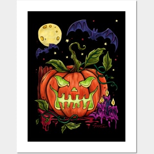 Bright glowing Halloween pumpkin, creepy Jack O Lantern Posters and Art